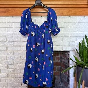 Dressed in LALA Blue Graphic Dress with Puffed Sleeves